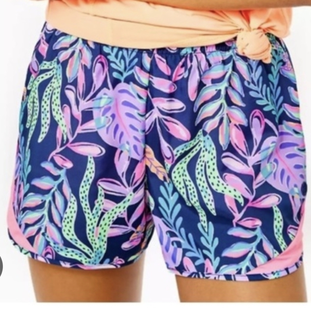 Lilly Pulitzer Navy Tropical Print Athletic Shorts with Pink & Green Accents